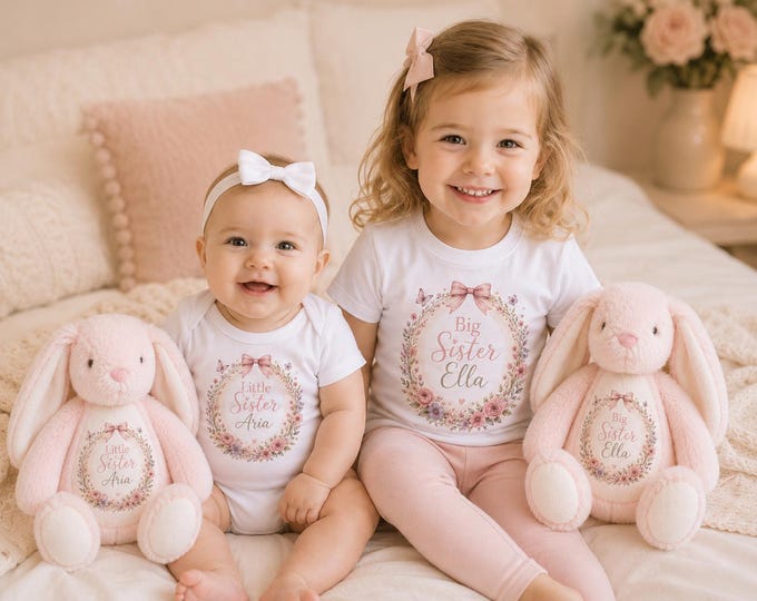 Little Sister Bunny & Big Sister T-Shirt Set | Matching Sister Gift | Sibling Announcement Outfit | Sister Keepsake Gift