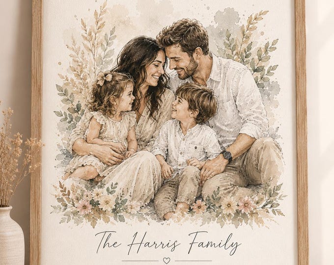 Personalised Watercolour Portrait from Photo | Custom Family Portrait | Hand Drawn Couple, Pet Memorial Illustration Gift for Mum & Dad