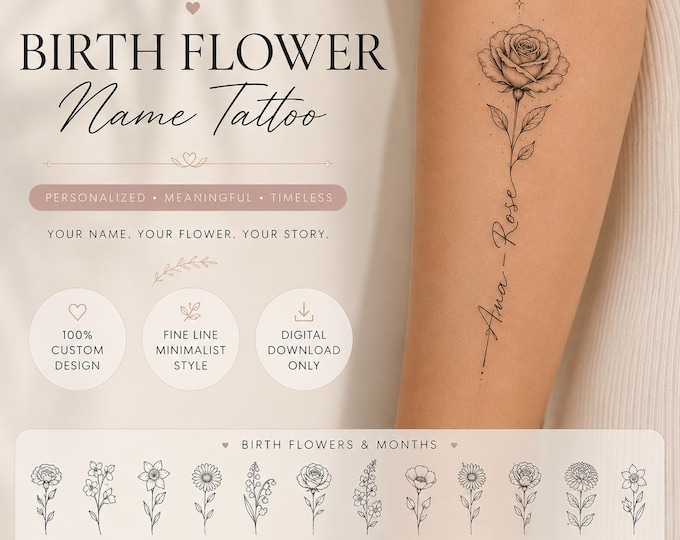 Custom Birth Flower Name Tattoo | Personalized Floral Tattoo Design | Name Stem Flower Tattoo | Fine Line Tattoo | Digital Download