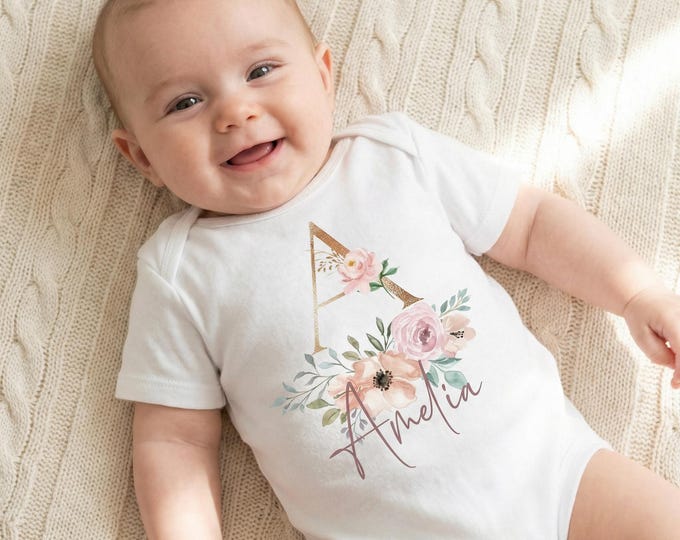 Personalised Floral Baby Grow | Custom Baby Girl Vest with Name | New Baby Gift | Floral Baby Shower Gift | Personalised Bodysuit