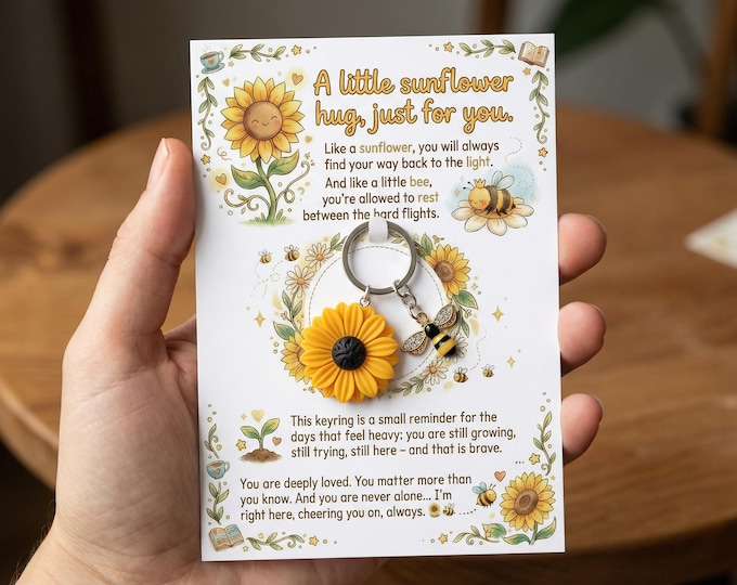 Sunflower Bee Keyring Gift, Mental Health Encouragement Card