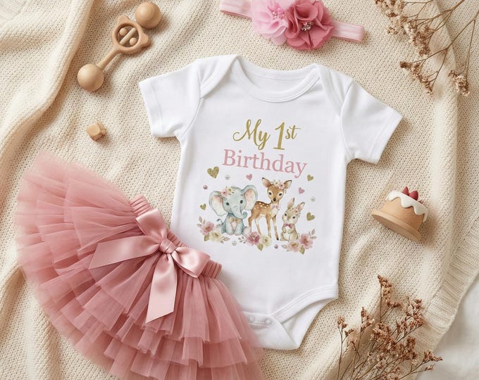 My 1st Birthday Woodland Outfit | Personalised Baby Girl Birthday Set | Woodland Animals Baby Grow, Tutu & Headband