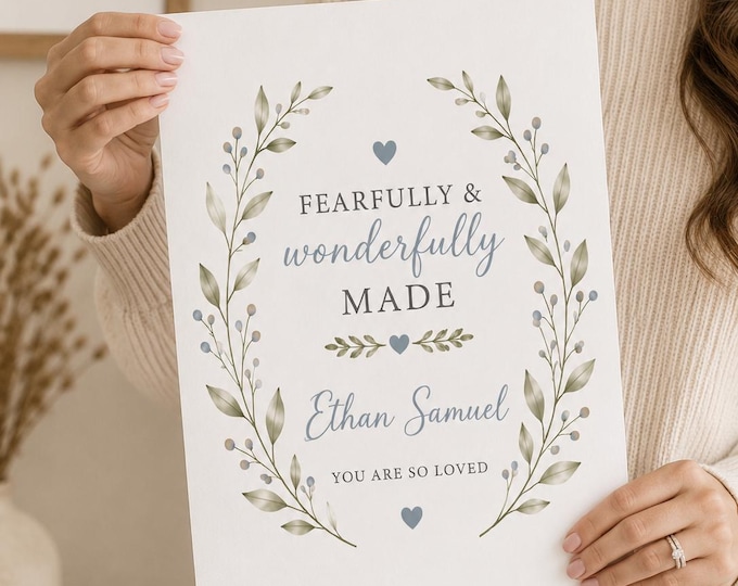 Personalised Fearfully & Wonderfully Made Print | Christian Nursery Wall Art | Psalm 139:14 Print | Baby Girl Bedroom Decor | Baptism Gift