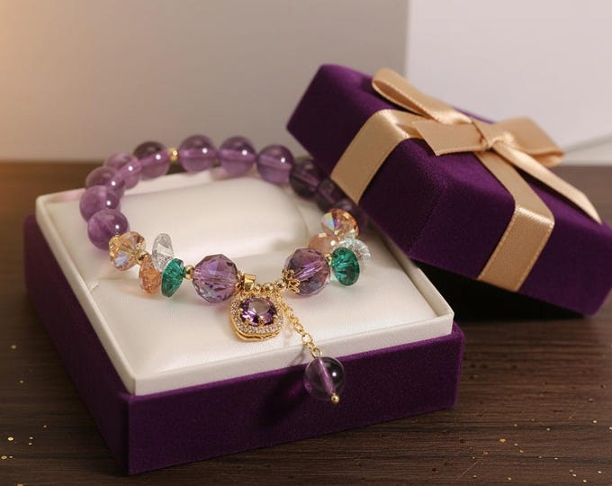 Amethyst Beaded Bracelet | Cubic Zirconia Accent, Crystal Jewelry