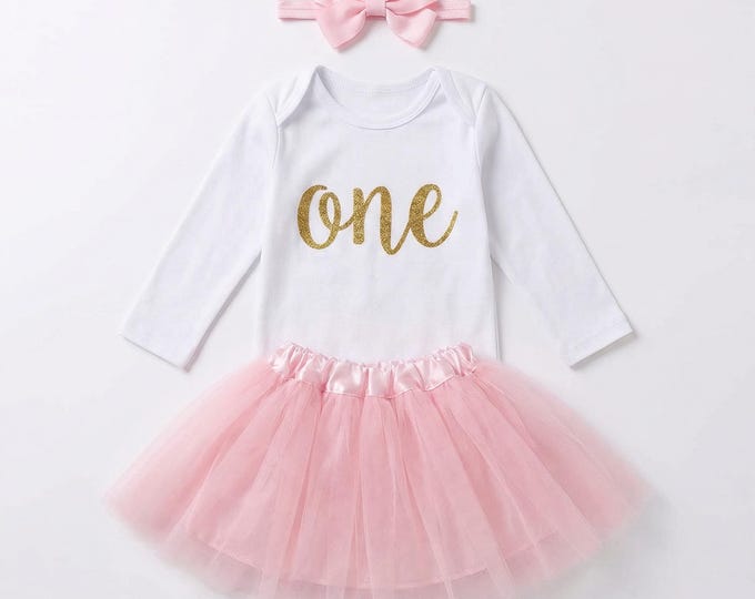 Baby Girl First Birthday Outfit | Gold One Birthday Tutu Set | 1st Birthday Baby Grow | Long Sleeve Cake Smash Outfit with Headband