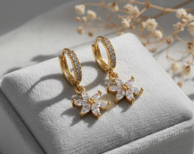 Copper Floral Hoop Earrings – Vintage Cubic Zirconia Dangles