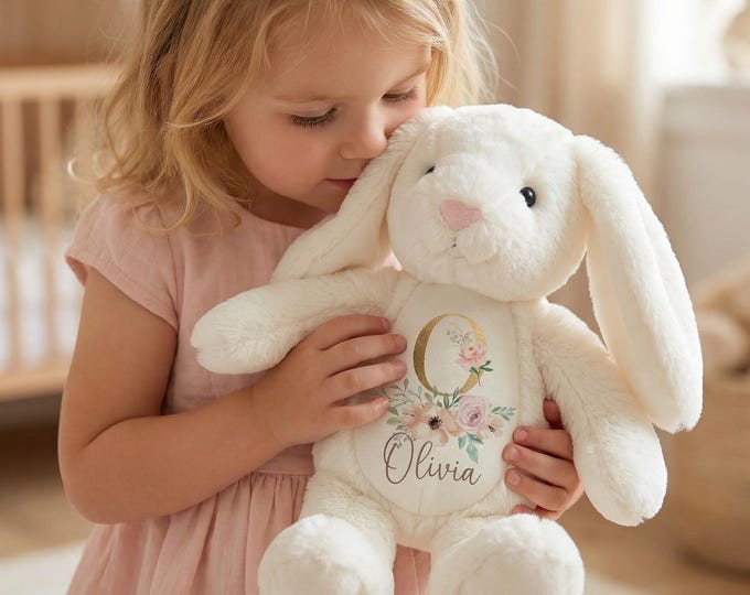 Personalised Bunny Teddy for Baby Girl | Custom Rabbit Soft Toy with Name | Floral Bunny Gift | Baby Shower & Birthday Gift