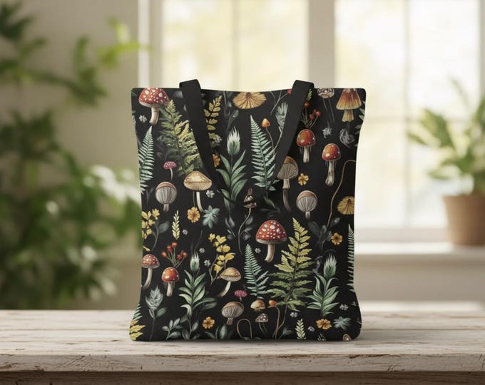 Mushroom & Fern Polyester Tote Bag | Cottagecore Botanical Handbag