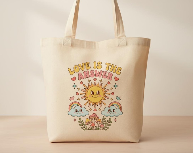 Love Is the Answer Tote Bag | Happy Hippie Print | Boho Positivity Shopper | Feel-Good Reusable Bag