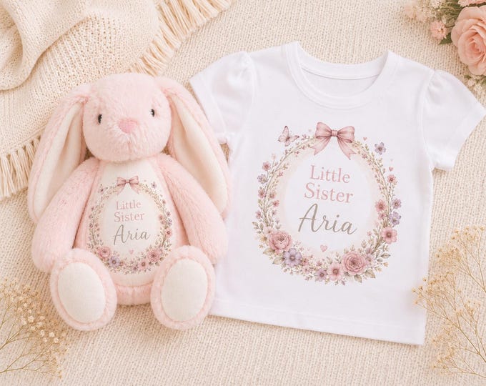 Personalised Big Sister / Little Sister Bunny & T-Shirt Set | Matching Sister Gift | Sibling Announcement Outfit | Sister Keepsake Gift