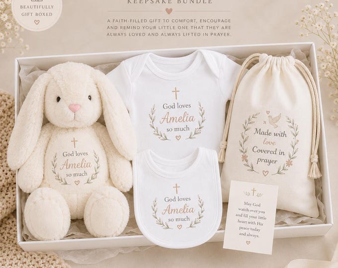 Personalised Prayer Bunny Gift Set | Christian Baby Gift Box | Baptism Gift | Faith-Filled Baby Keepsake | Baby Shower Gift, unique gift