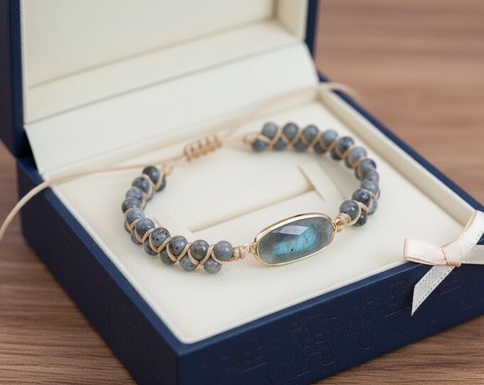 Hand-Woven Labradorite Beaded Bracelet | Golden Accents, Adjustable Boho Jewellery