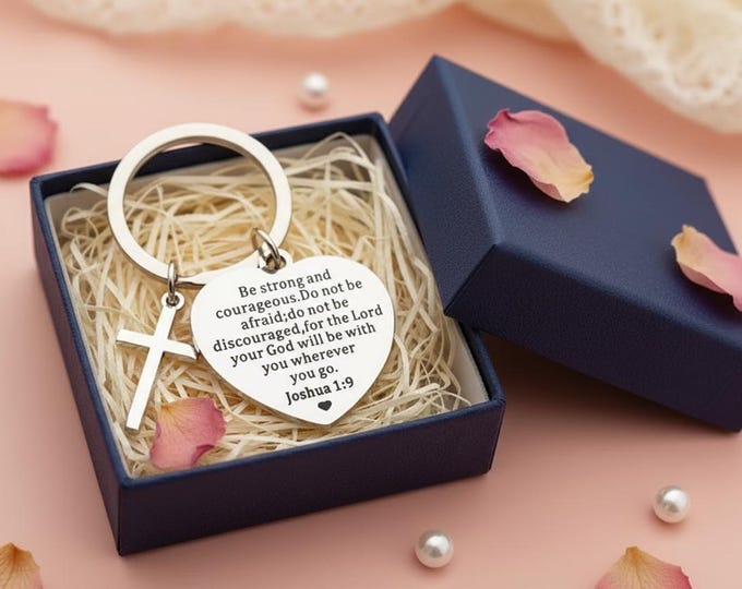 Joshua 1:9 Heart Keyring | Christian Gift Keychain | Faith Over Fear Bible Verse Accessory