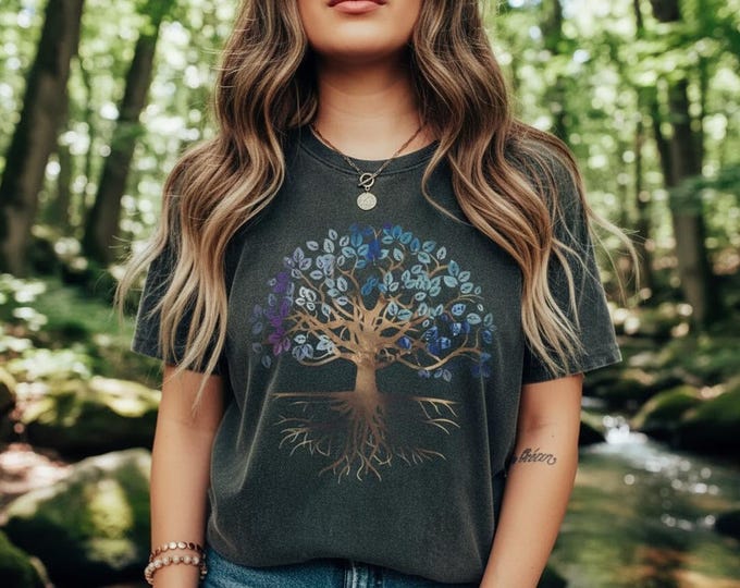 Tree of Life T-Shirt – Colourful Bohemian Graphic Tee – Grey Spiritual Top
