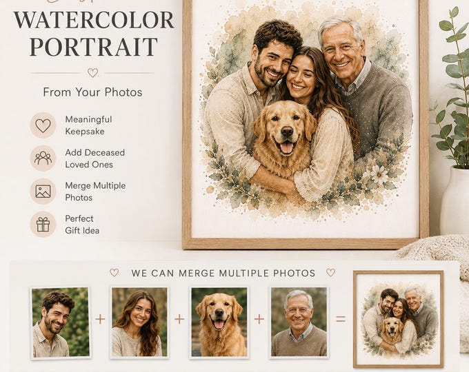Custom Watercolour Portrait from Photo | Family Memorial Portrait | Add Deceased Loved One to Photo | Merge Multiple Photos | Sympathy Gift