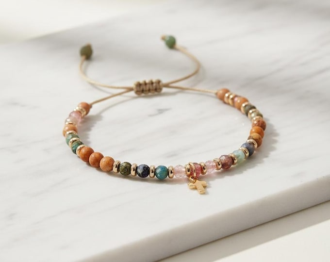 Gemstone Cross Bracelet | Adjustable Beaded Boho Wristband