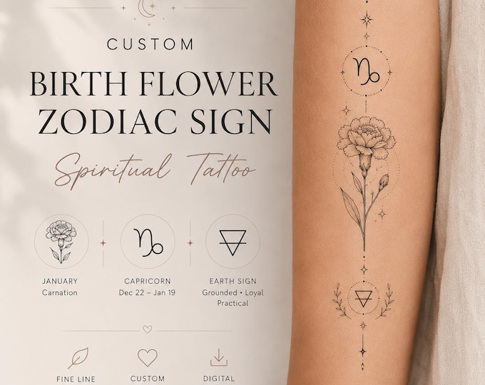 Custom Birth Flower Zodiac Sign Tattoo | Spiritual Fine Line Tattoo | Personalized Astrology Tattoo Design | Minimal Celestial Tattoo