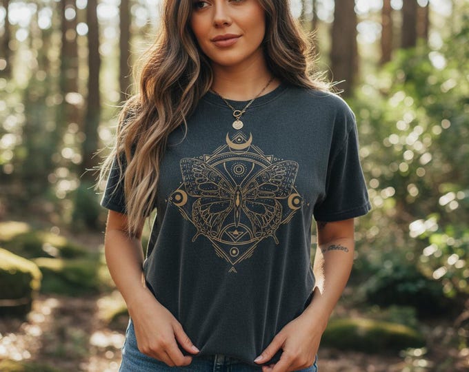 Mystical Butterfly T-Shirt: Gold Moon Graphic, Dark Grey Celestial Tee