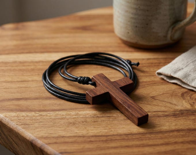 Walnut Wood Cross Ornament | Christian Car Rear View Mirror Charm