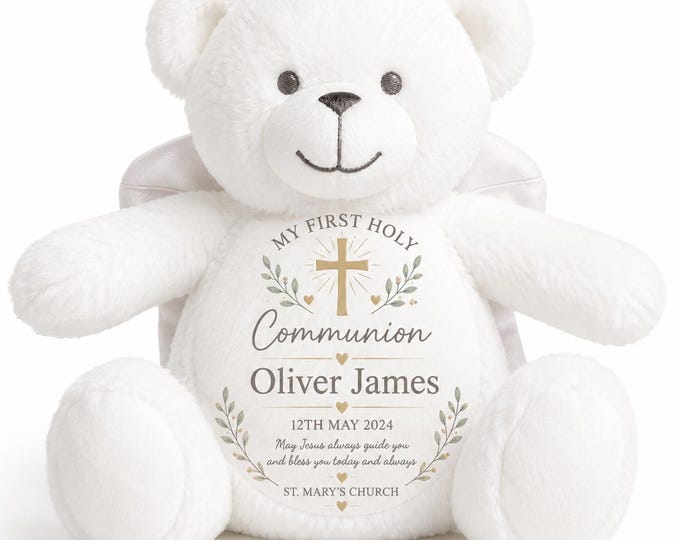 Personalised First Holy Communion Gift | Communion Teddy Bear Bunny | Christening & Baptism Keepsake | Religious Gift for Boys Girls