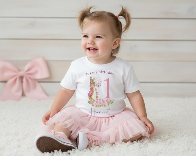 Personalised Peter Rabbit Birthday T Shirt for Girls | Custom Name & Age Bunny Birthday Top | Peter Rabbit Party Outfit | Girls Birthday Tee
