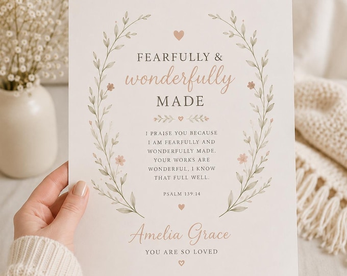 Personalised Fearfully & Wonderfully Made Print | Christian Nursery Wall Art | Psalm 139:14 Print | Baby Girl Bedroom Decor | Baptism Gift