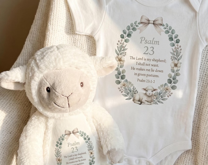 Psalm 23 Christian Baby Gift Set | The Lord Is My Shepherd | Personalised Teddy, Baby Grow & Nursery Print | Baptism Gift