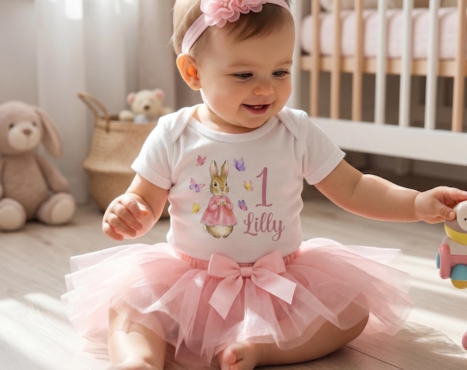Pink Bunny First Birthday Outfit | Personalised Flopsy Bunny Baby Grow, Tutu & Headband Set | Girls 1st Birthday Outfit