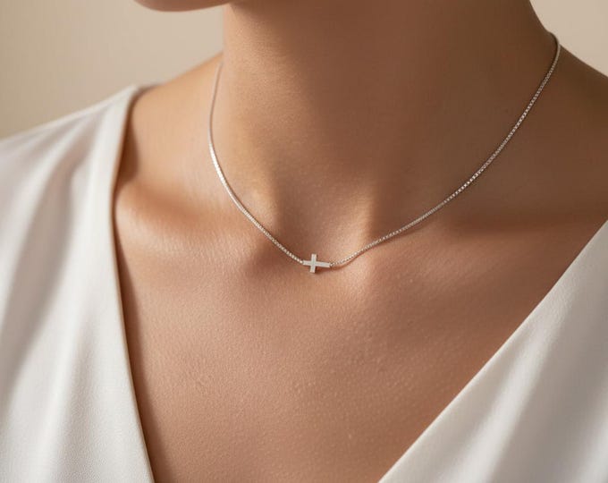 Dainty Sideways Cross Necklace, Minimalist Faith Jewelry, Gift for Her