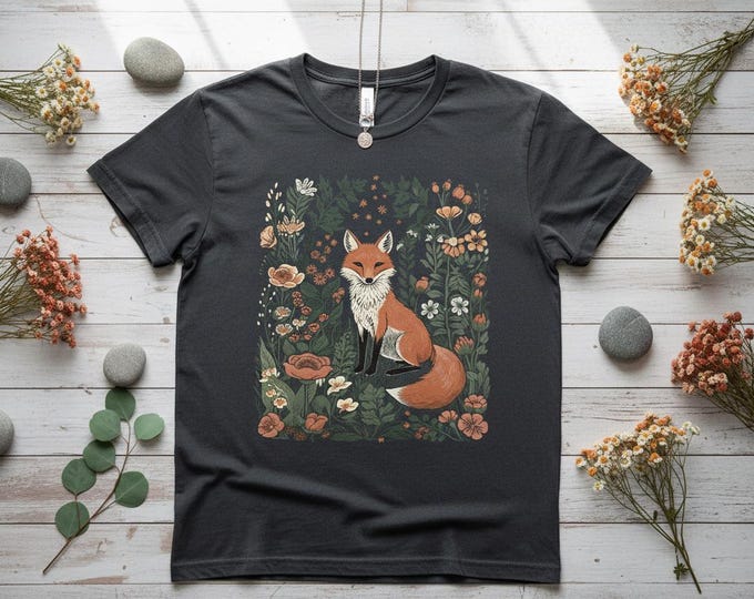 Womens Fox T-Shirt – Floral Print, Relaxed Fit Nature Tee