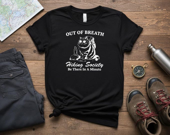 Funny Cat Hiker T-Shirt | Out of Breath Hiking Society Tee