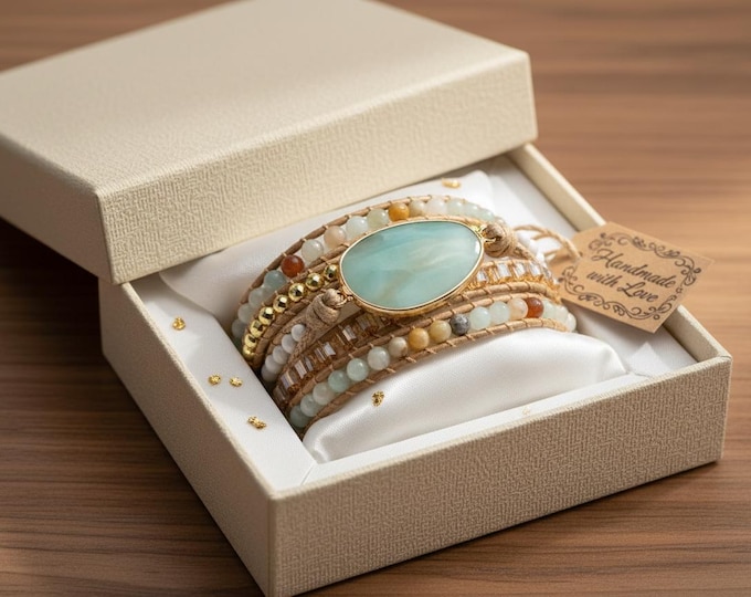 Boho Stone Wrap Bracelet | Green Stone Charm, Gift-Boxed