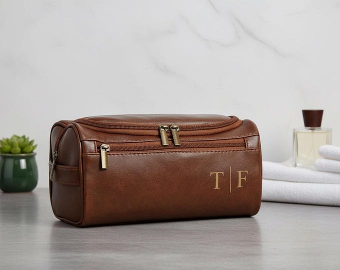 Personalized Leather-Look Men's Toiletry Bag – Engraved Dopp Kit