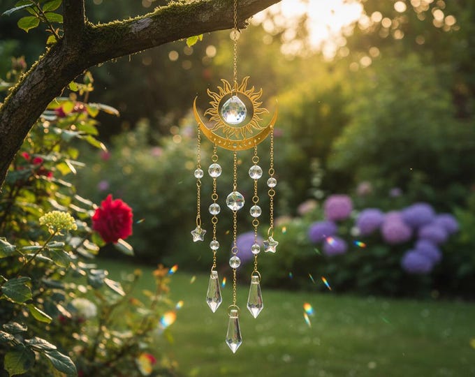 Golden Moon Crystal Suncatcher | AB Rainbow Window Hanging