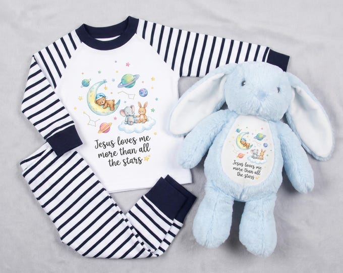 Christian kids gifts, Jesus Loves Me Bedtime Collection | Personalised Christian Pyjamas, Teddy, Cushion & Nursery Print | Faith Kids Gifts