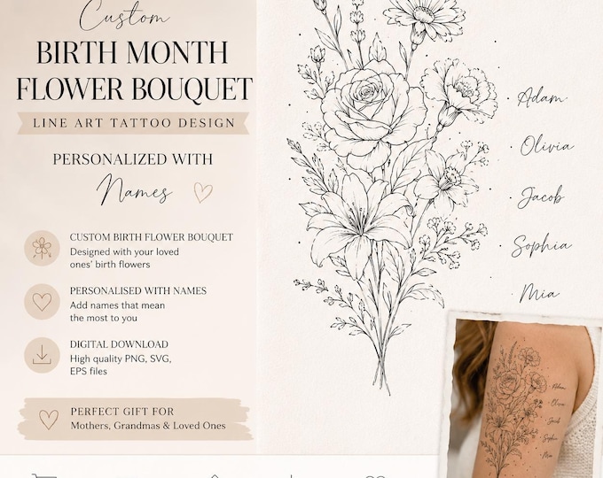 Custom Birth Flower Bouquet Tattoo Design | Personalized Family Flowers | Minimal Line Art | Digital Download