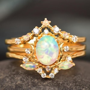 Vintage Opal Engagement Ring Set • Rose Gold Moon Ring • Celestial Wedding Ring • Unique Opal Bridal Set • Gift for Her