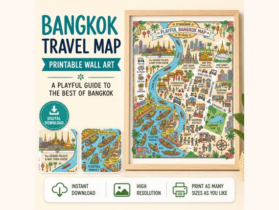 Playful Bangkok Travel Map Print, Thailand Landmark Illustration (Digital Download)