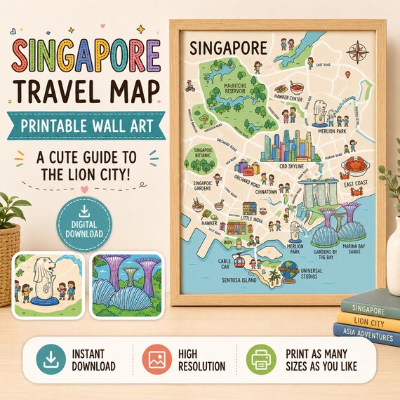 Singapore City Map Illustration, Marina Bay Travel Wall Art (Digital Download)