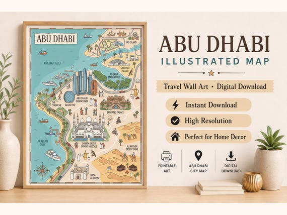 Abu Dhabi Illustrated Map Print, UAE City Travel Wall Art (Digital Download)