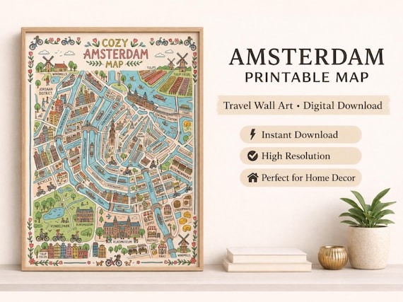 Cozy Amsterdam Map Illustration, Whimsical Travel Wall Art (Digital Download)