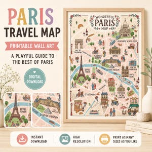 Könnte beinhalten: Eine gerahmte illustrierte Karte mit dem Titel Wonderful Paris Map, die Sehenswürdigkeiten wie den Eiffelturm, das Louvre-Museum und Notre-Dame zeigt. Die Karte enthält farbenfrohe Zeichnungen von Straßen, Parks und Menschen mit Ortsbezeichnungen in einer hellrosa und cremefarbenen Palette.