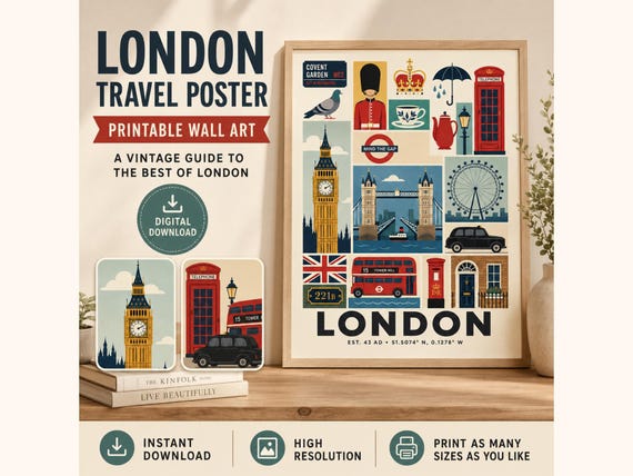 Vintage London Travel Poster, Iconic Landmarks Wall Art (Digital Download)