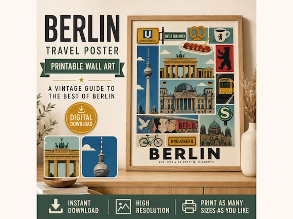 Vintage Berlin Travel Poster, Iconic Landmarks Wall Art (Digital Download)