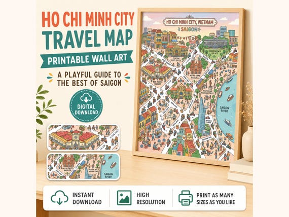 Ho Chi Minh City Illustrated Travel Map, Saigon Landmark Art (Digital Download)