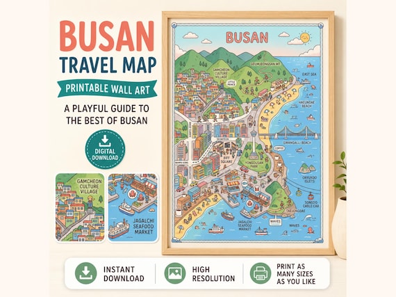 Busan Travel Map Print, Illustrated South Korea City Art (Digital Download)