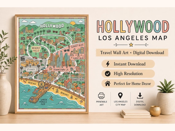 Hollywood Los Angeles Map, Illustrated Travel Wall Art (Digital Download)