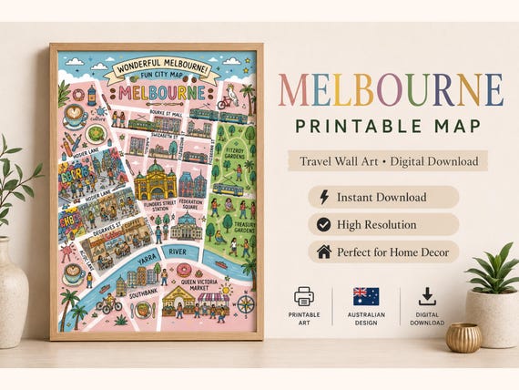 Illustrated Melbourne City Map Print | Fun Travel Wall Art (Digital Download)