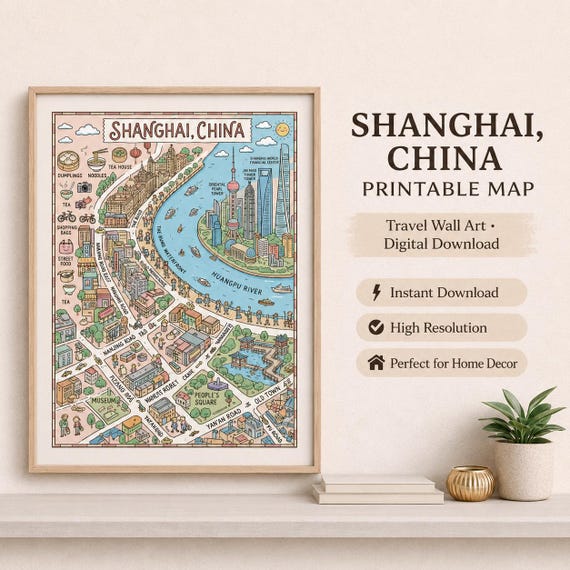 Shanghai China Illustrated Map Print, Bund Skyline Travel Wall Art (Digital Download)