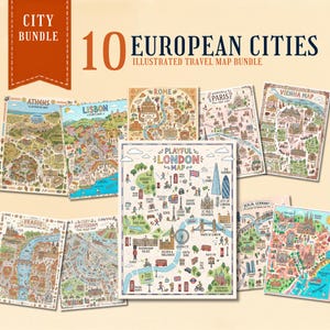 Könnte beinhalten: Ein digitales Set aus 10 illustrierten Reisekarten europäischer Städte, darunter London, Paris, Rom, Athen, Lissabon, Wien, Prag, Amsterdam, Berlin und Barcelona. Jede Karte zeigt farbenfrohe Sehenswürdigkeiten, Straßen und Stadtnamen.